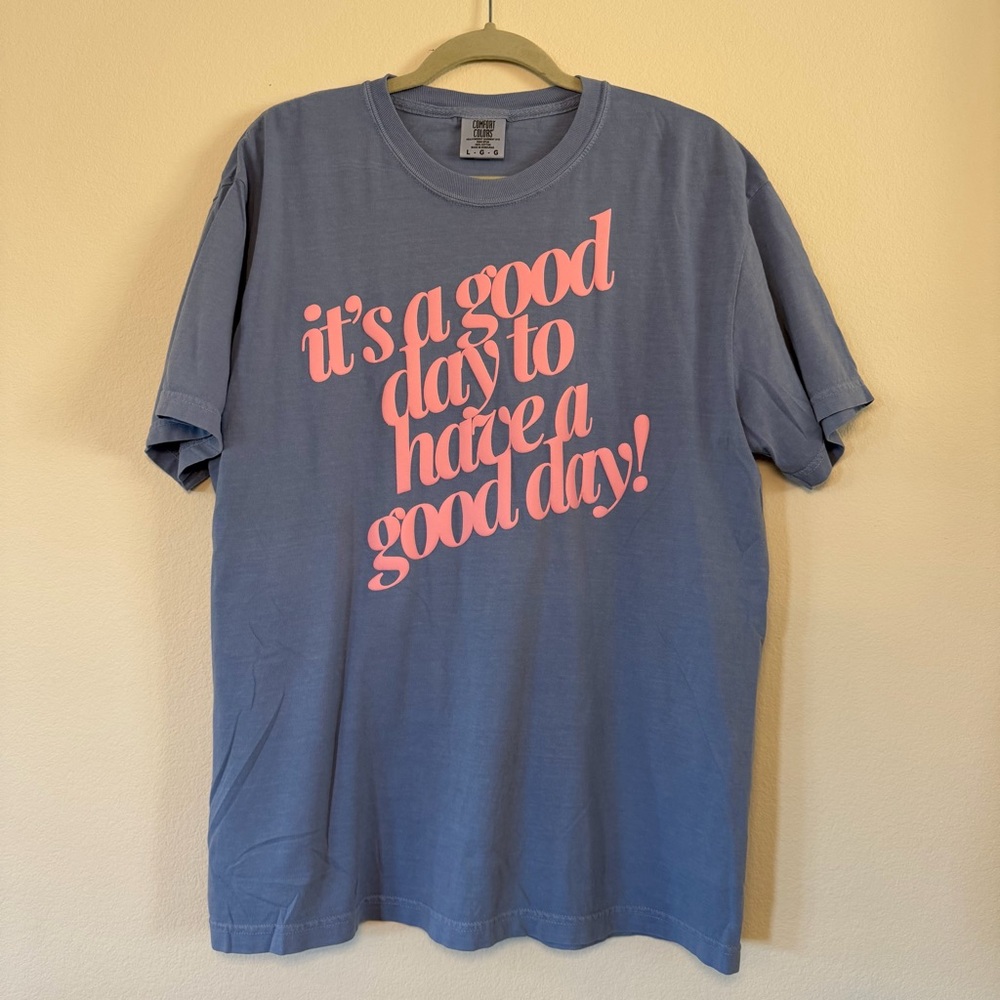 Comfort Colors Blue Tee with Pink Graphic